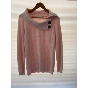 Cato Women's Sweater Large Blush Pink Cowl Neck Button Mixed Cable Knit Pullover
